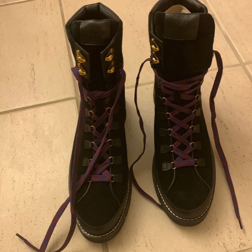 J. Crew Elsa black suede and leather high shaft lace up boot size 9 new with box